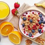 Healthy breakfast. Yogurt with granola and berries